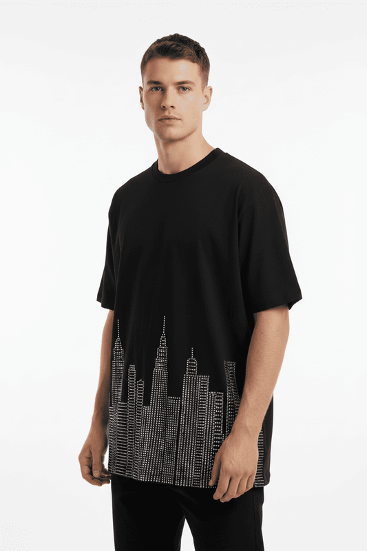 City Skyline Rhinestone Oversized Short Sleeve T-Shirt