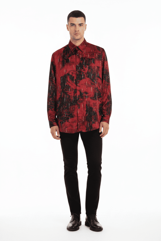 Crimson Rose Shadow Glitter Long Sleeve Satin Shirt