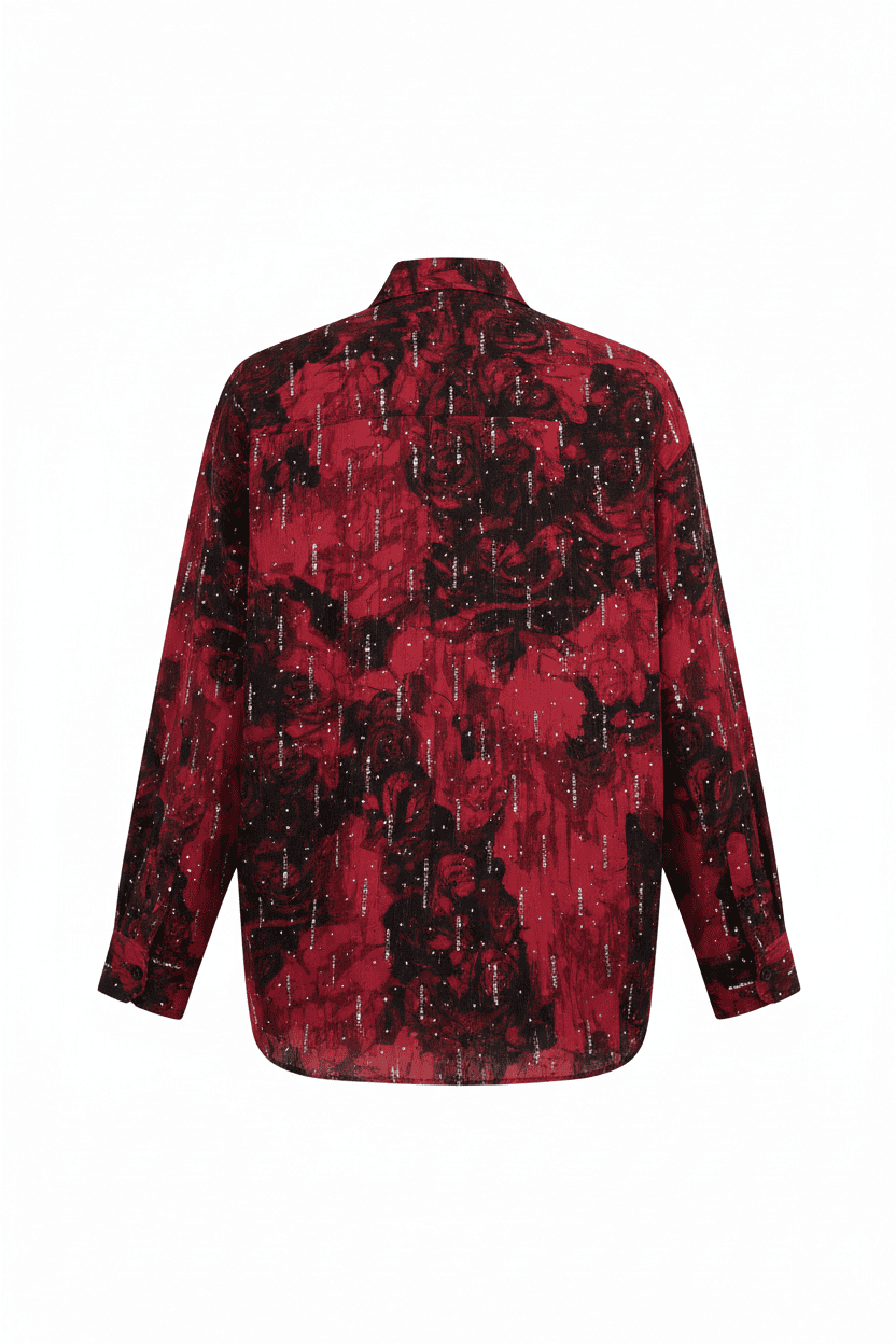 Crimson Rose Shadow Glitter Long Sleeve Satin Shirt