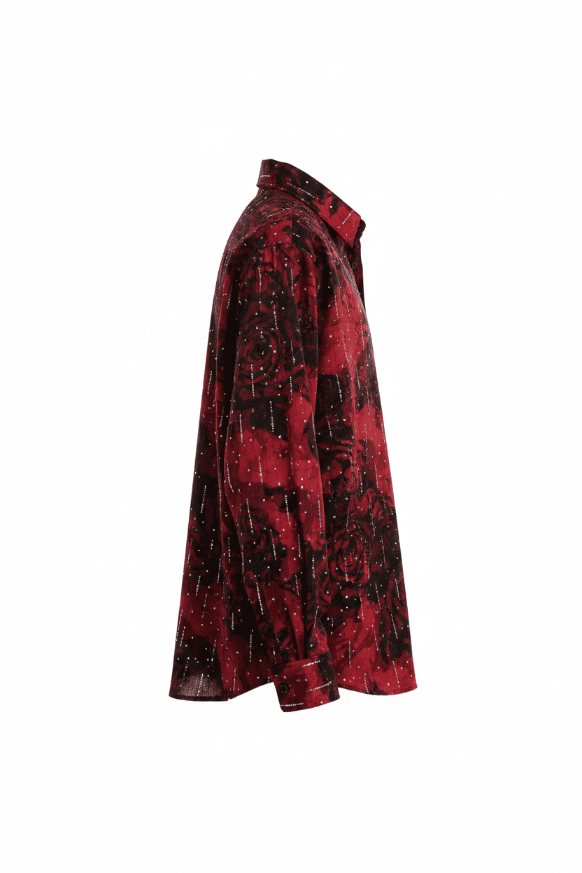 Crimson Rose Shadow Glitter Long Sleeve Satin Shirt