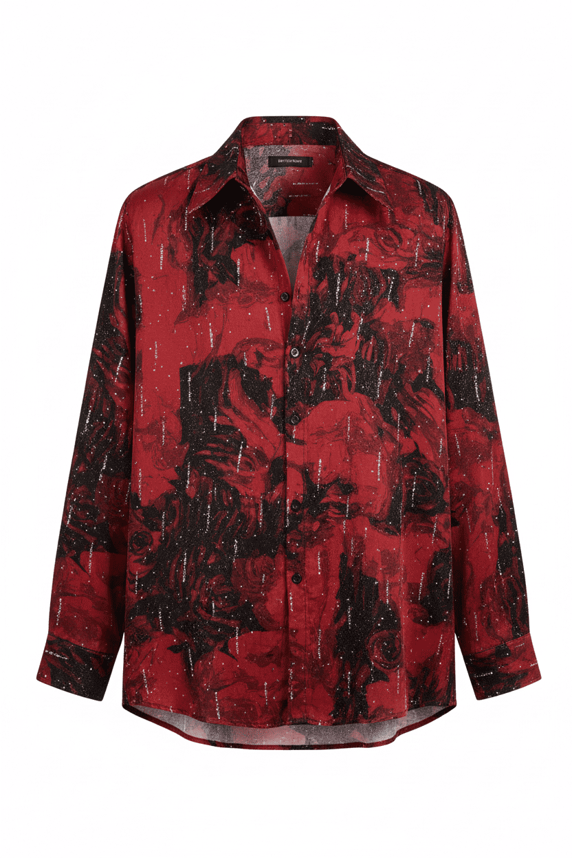 Crimson Rose Shadow Glitter Long Sleeve Satin Shirt