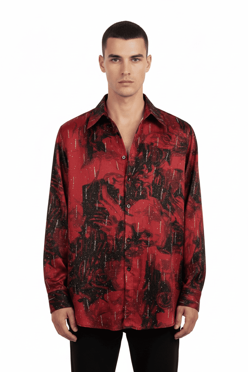 Crimson Rose Shadow Glitter Long Sleeve Satin Shirt