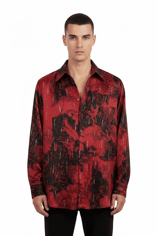 Crimson Rose Shadow Glitter Long Sleeve Satin Shirt