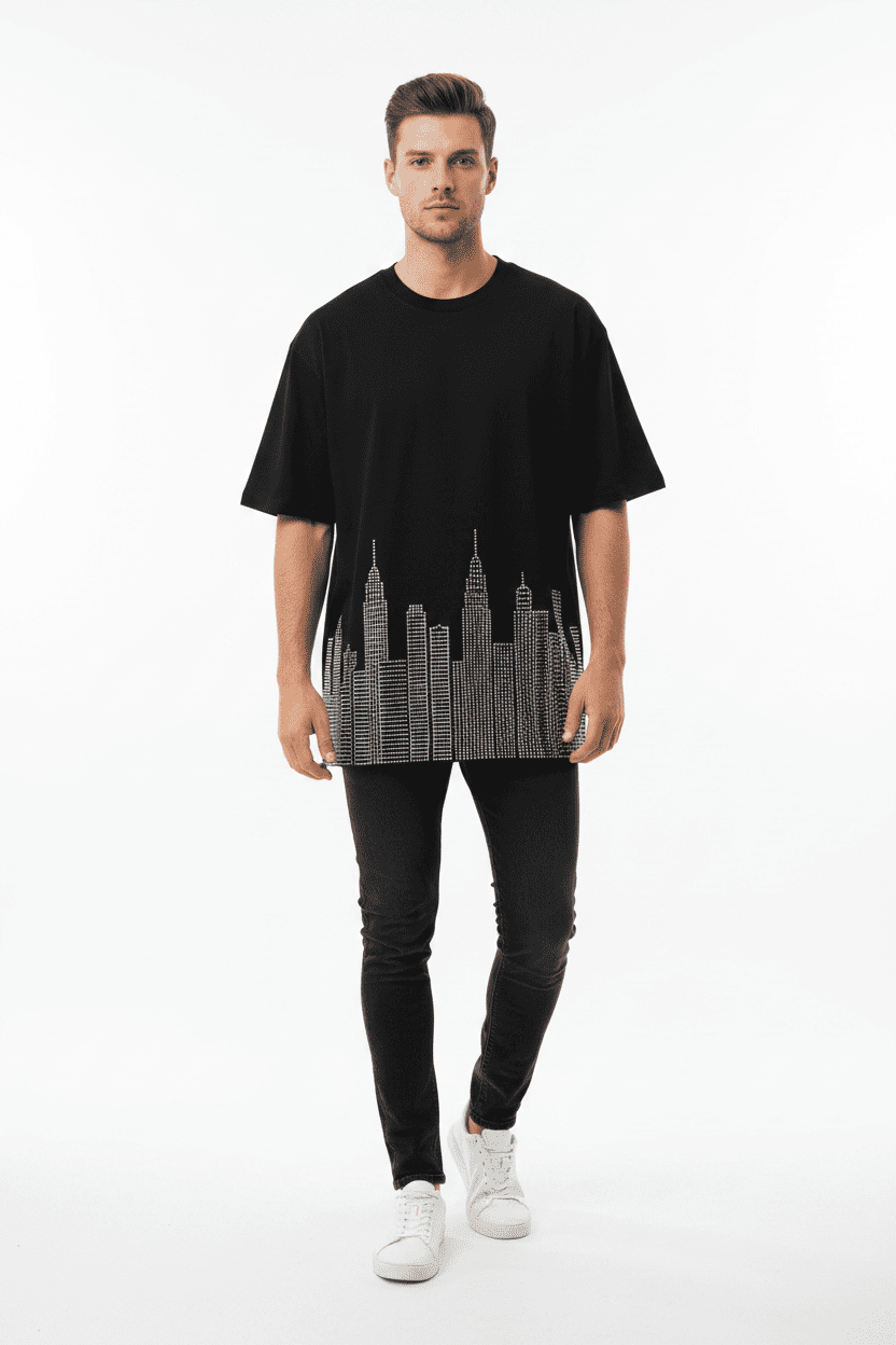City Skyline Rhinestone Oversized Short Sleeve T-Shirt
