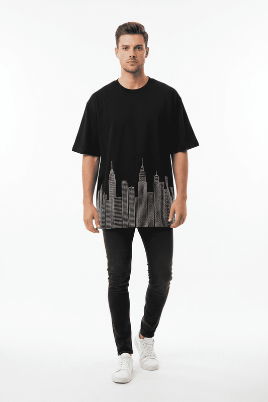City Skyline Rhinestone Oversized Short Sleeve T-Shirt