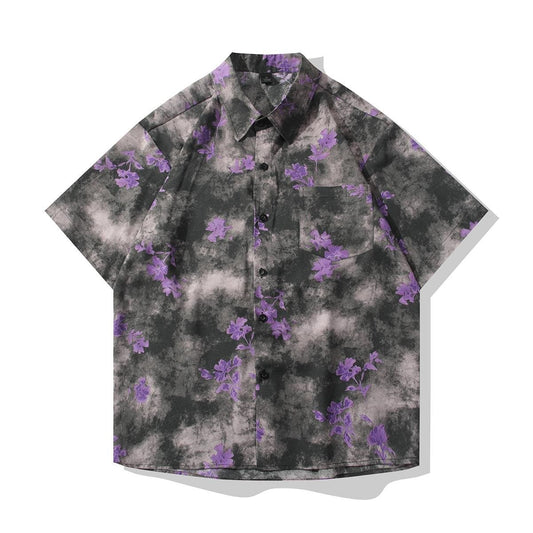 Smoke Floral Print Short Sleeve Button-Up Shirt