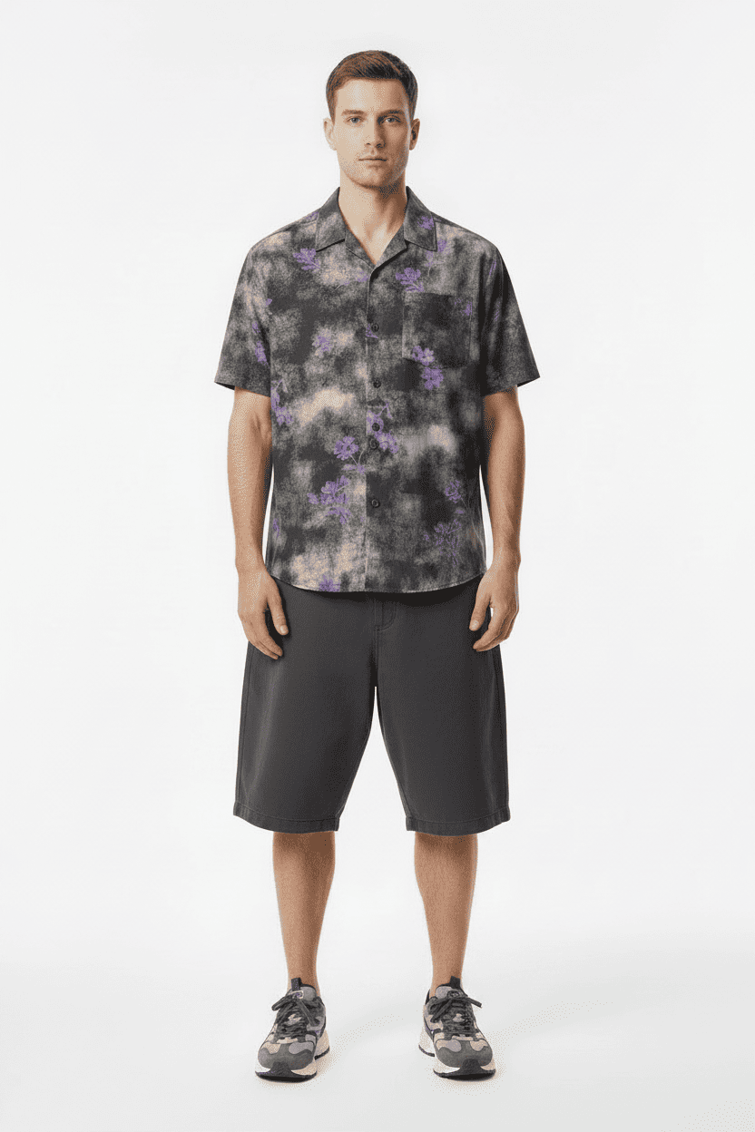 Smoke Floral Print Short Sleeve Button-Up Shirt