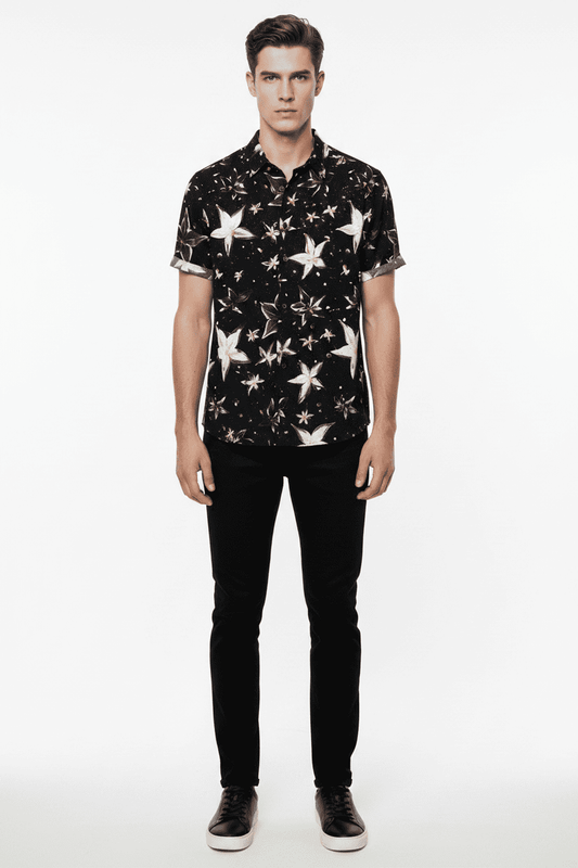Midnight Star Floral Print Short Sleeve Button-Up Shirt