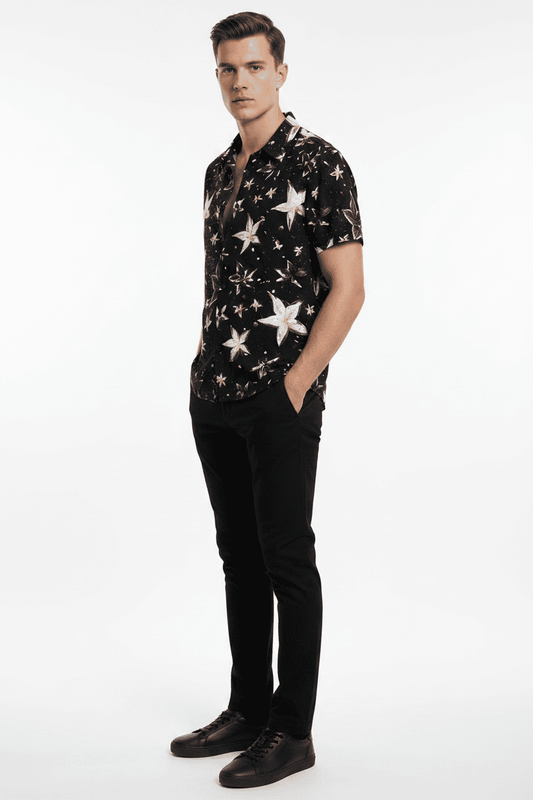 Midnight Star Floral Print Short Sleeve Button-Up Shirt